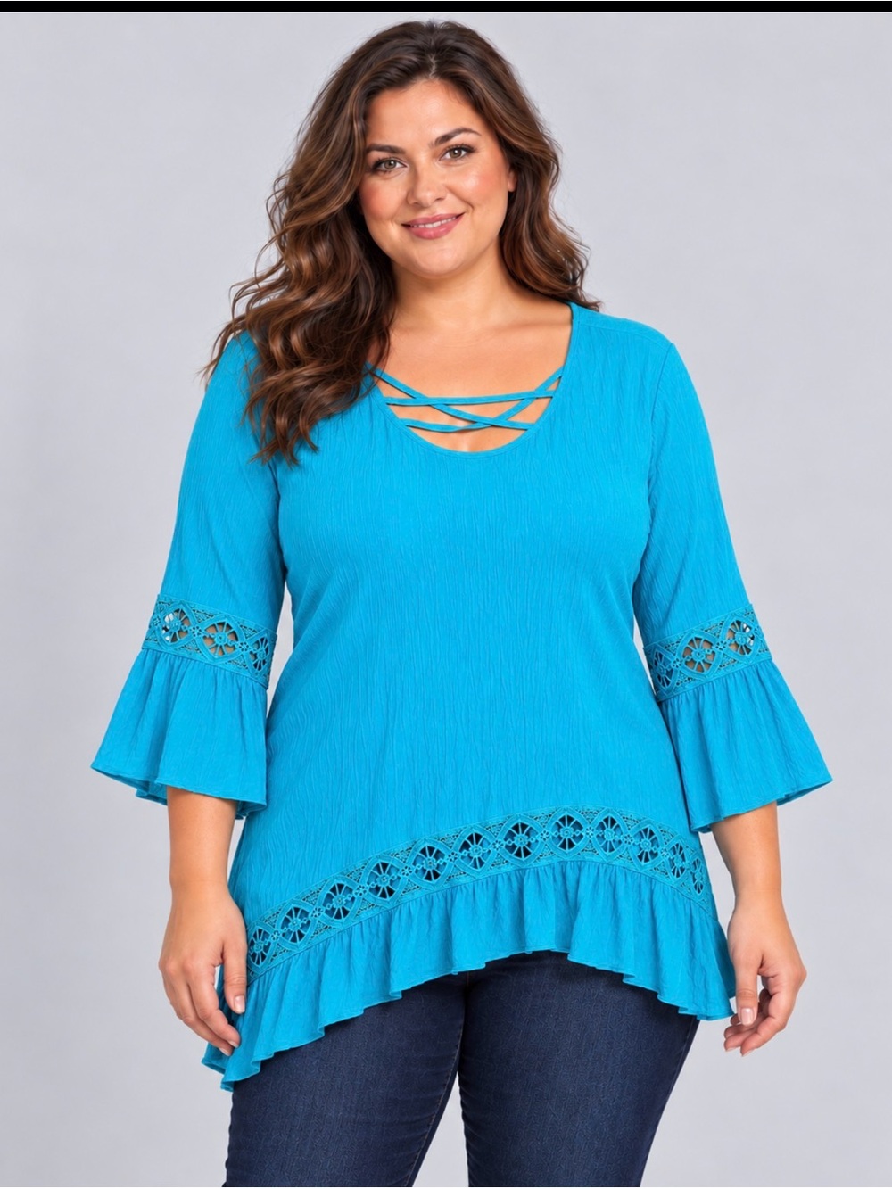 Crisscross Crochet-Trim Peasant Blouse in Turquoise